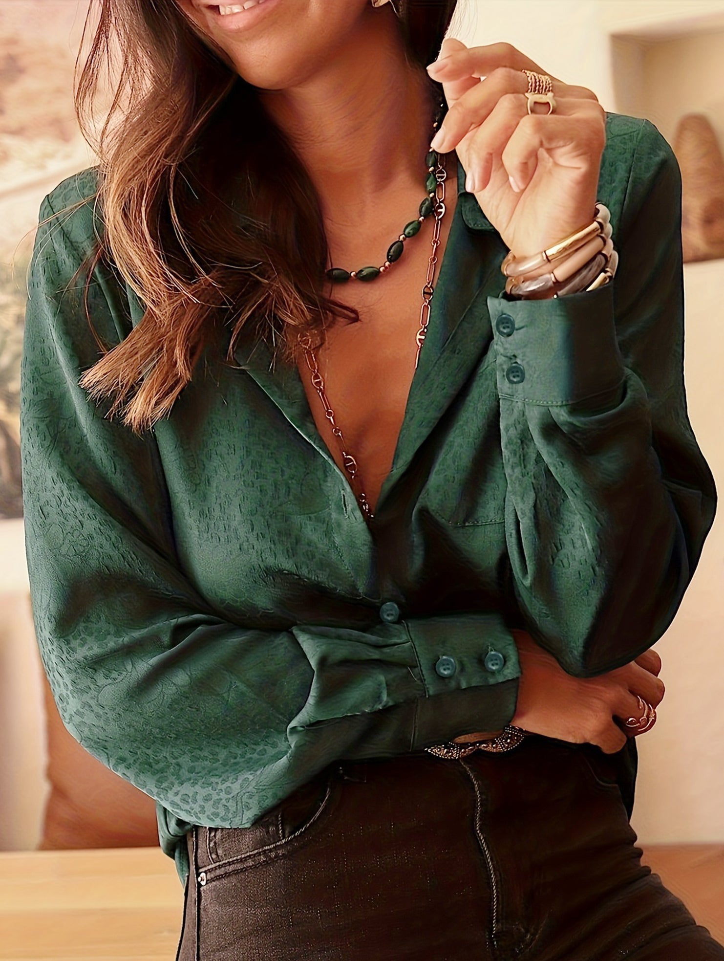 Lapel open button jacquard shirt