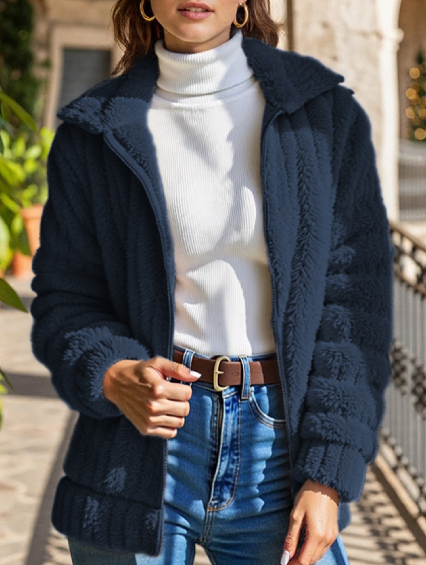 Solid color collared short plush cardigan