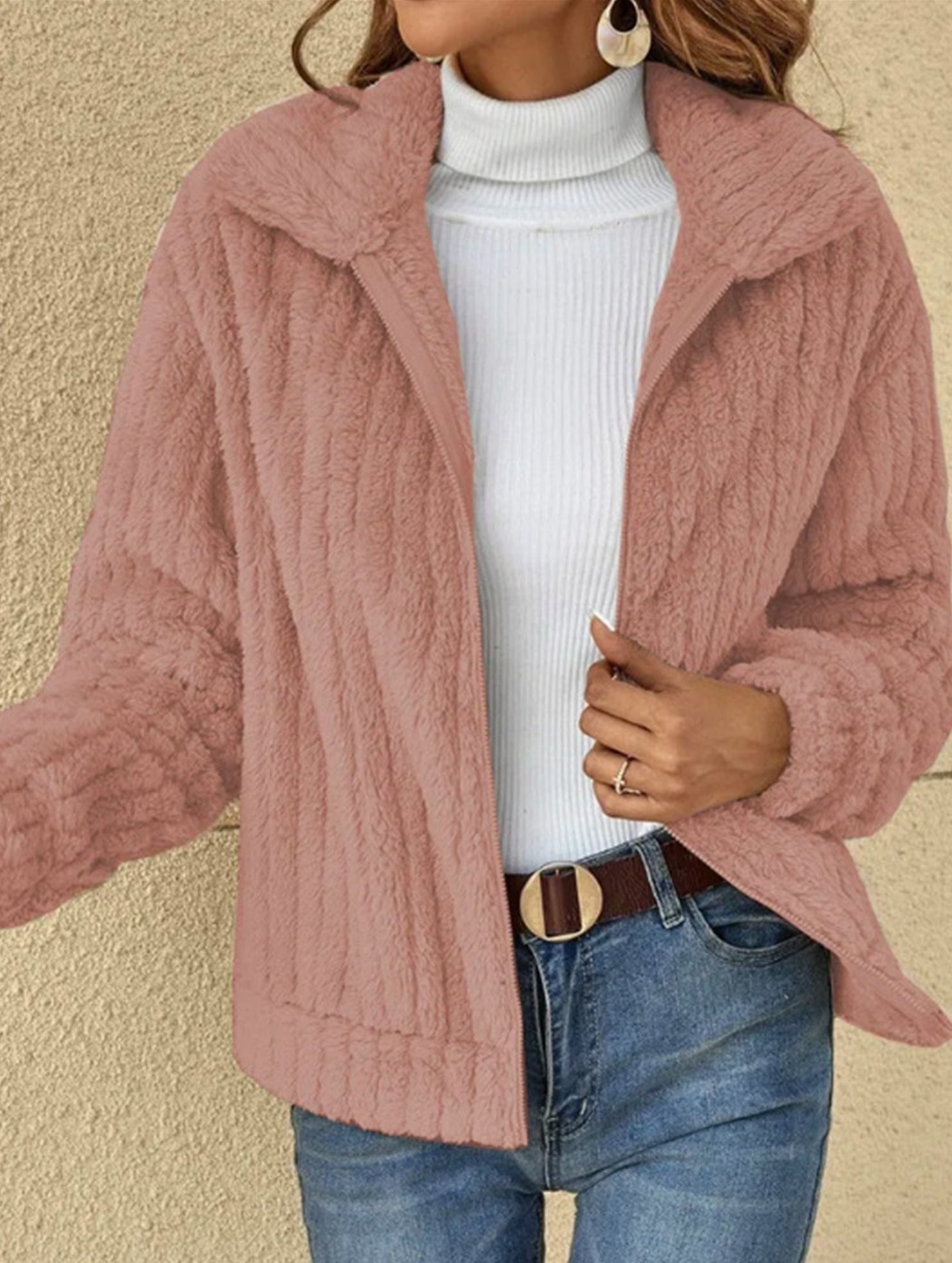 Solid color collared short plush cardigan