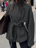 Fashionable belted long-sleeved coat