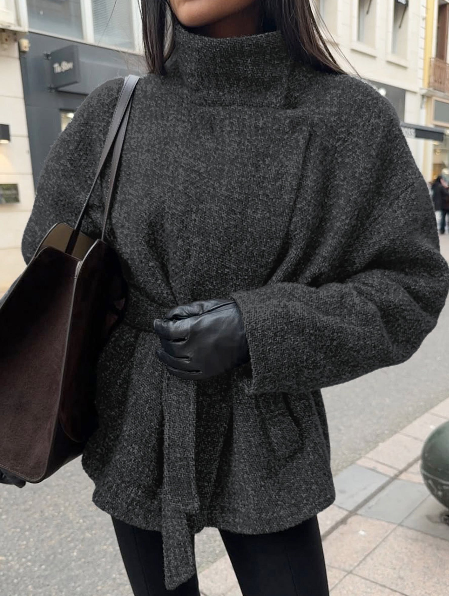 Fashionable belted long-sleeved coat