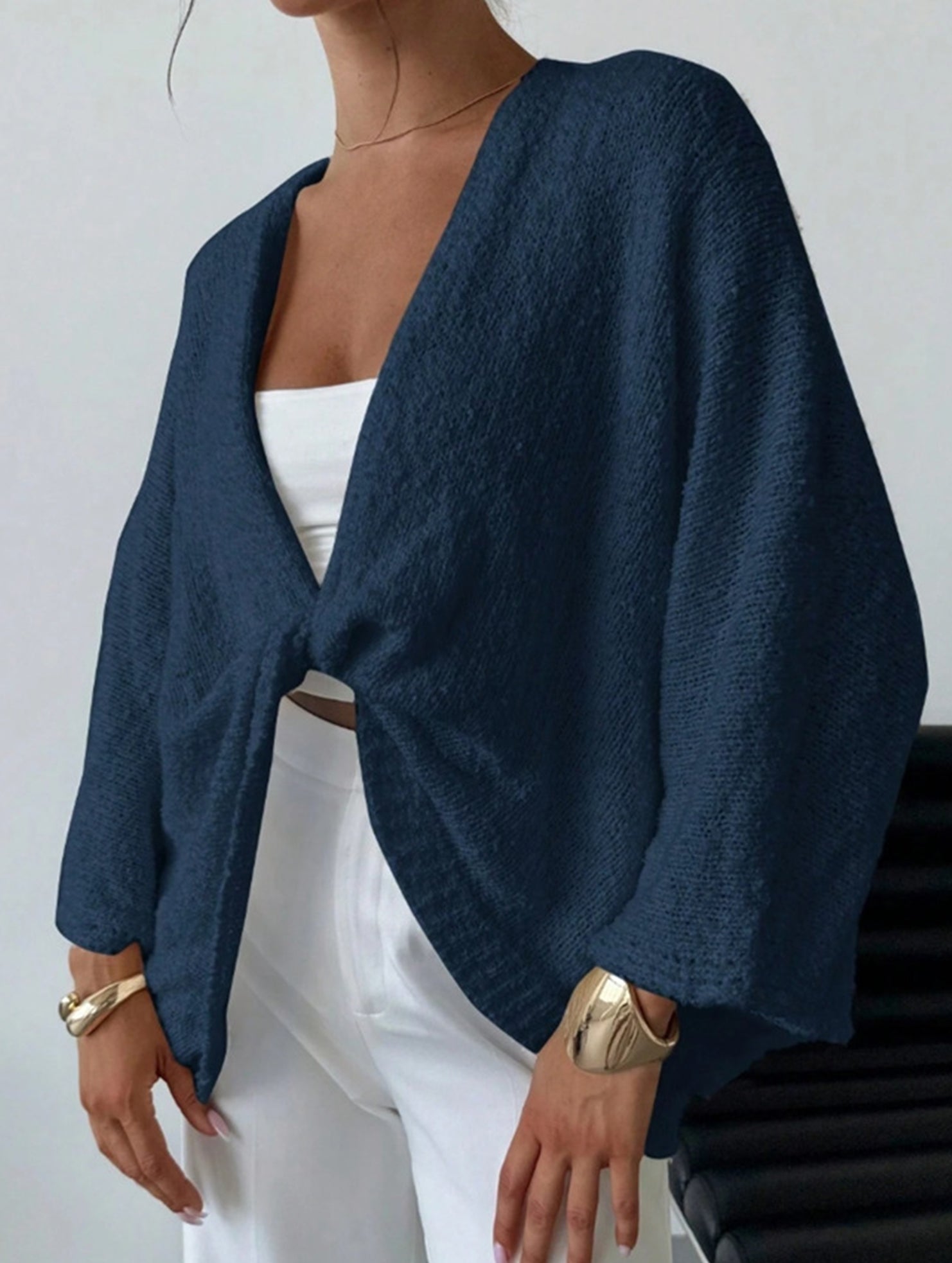 Cross-over design deep V-neck casual loose cardigan