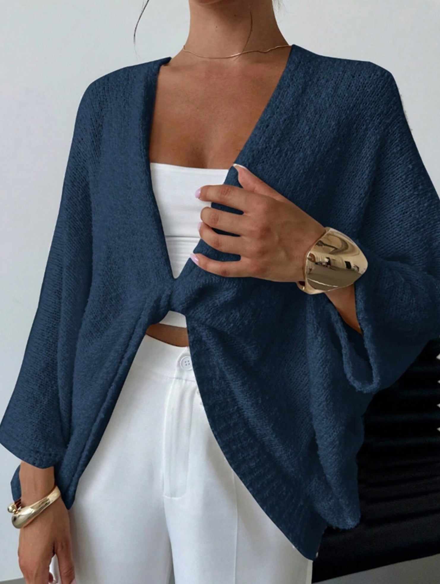 Cross-over design deep V-neck casual loose cardigan
