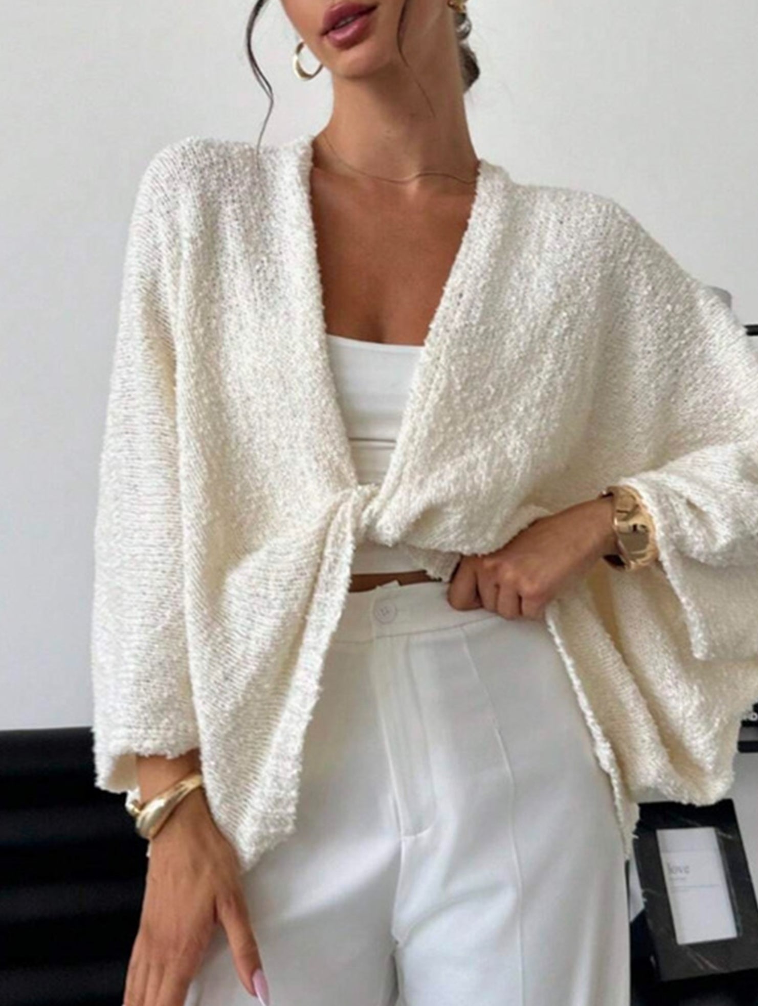 Cross-over design deep V-neck casual loose cardigan