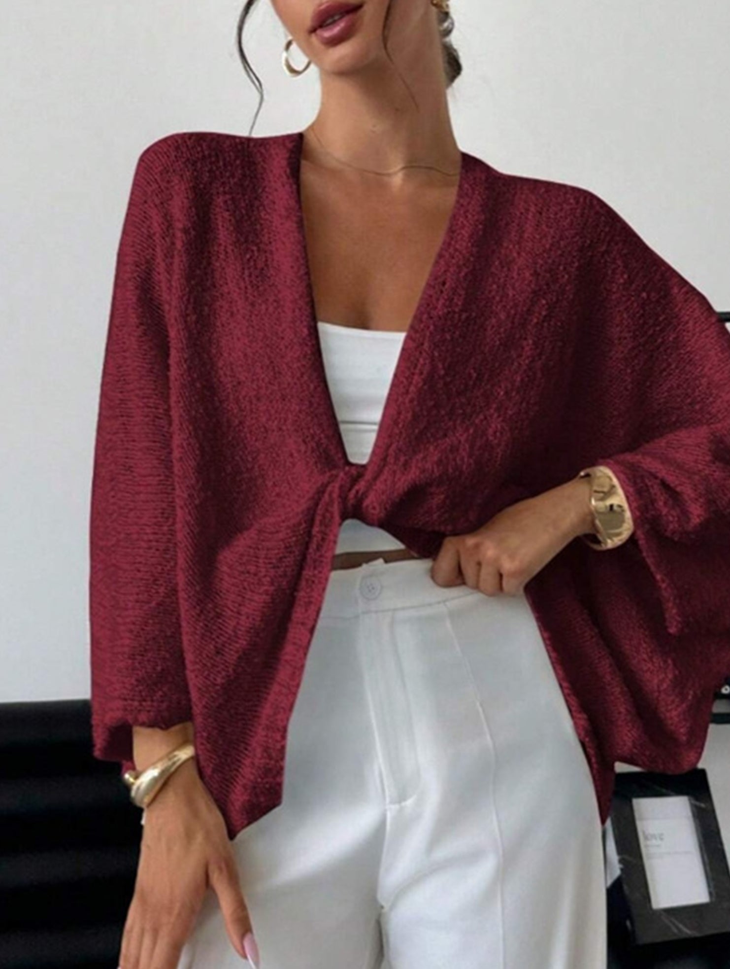 Cross-over design deep V-neck casual loose cardigan