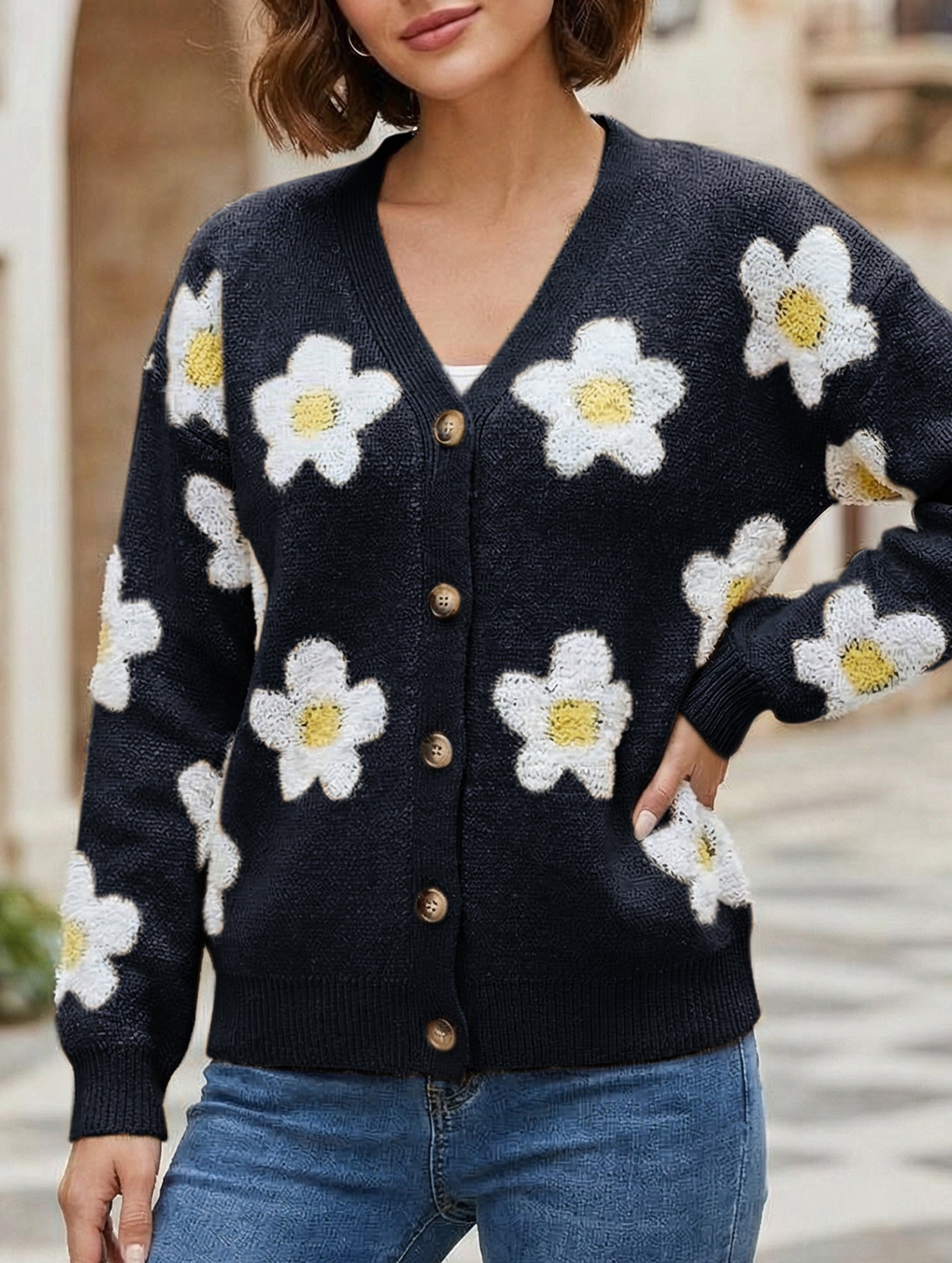 3D floral V-neck knit cardigan