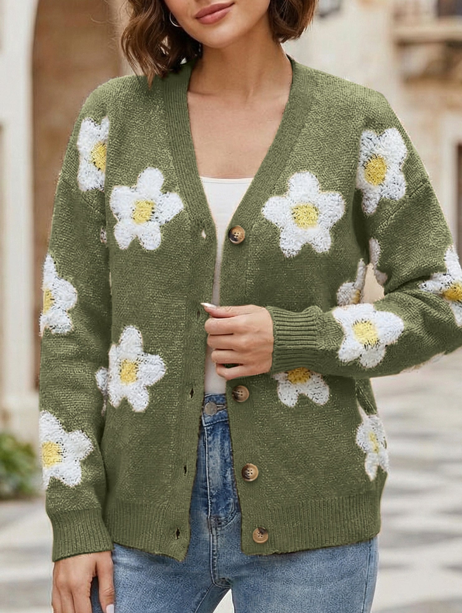 3D floral V-neck knit cardigan