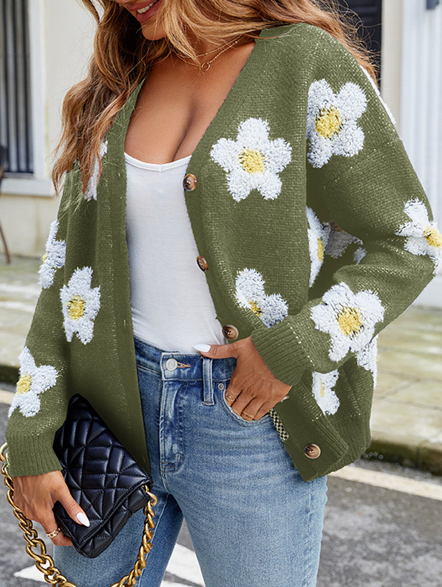 3D floral V-neck knit cardigan