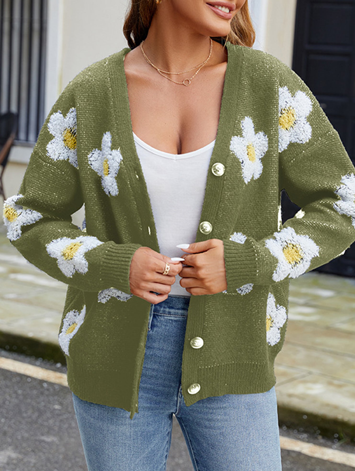 3D floral V-neck knit cardigan