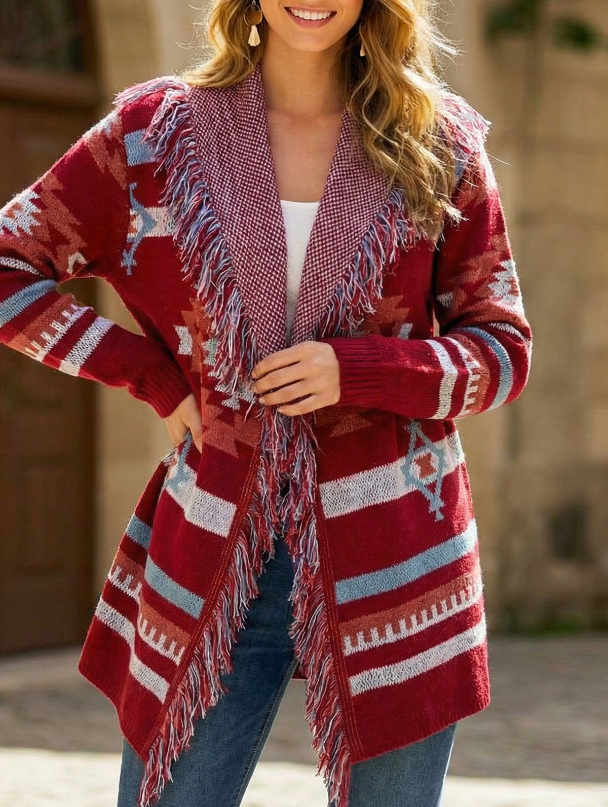 Tassel Geometric Jacquard Cardigan