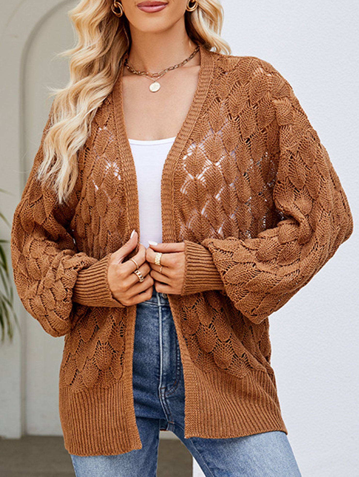 Mid-length openwork knit cardigan