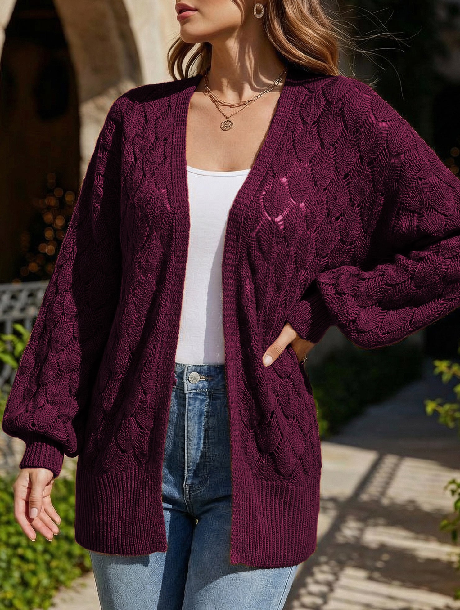 Mid-length openwork knit cardigan