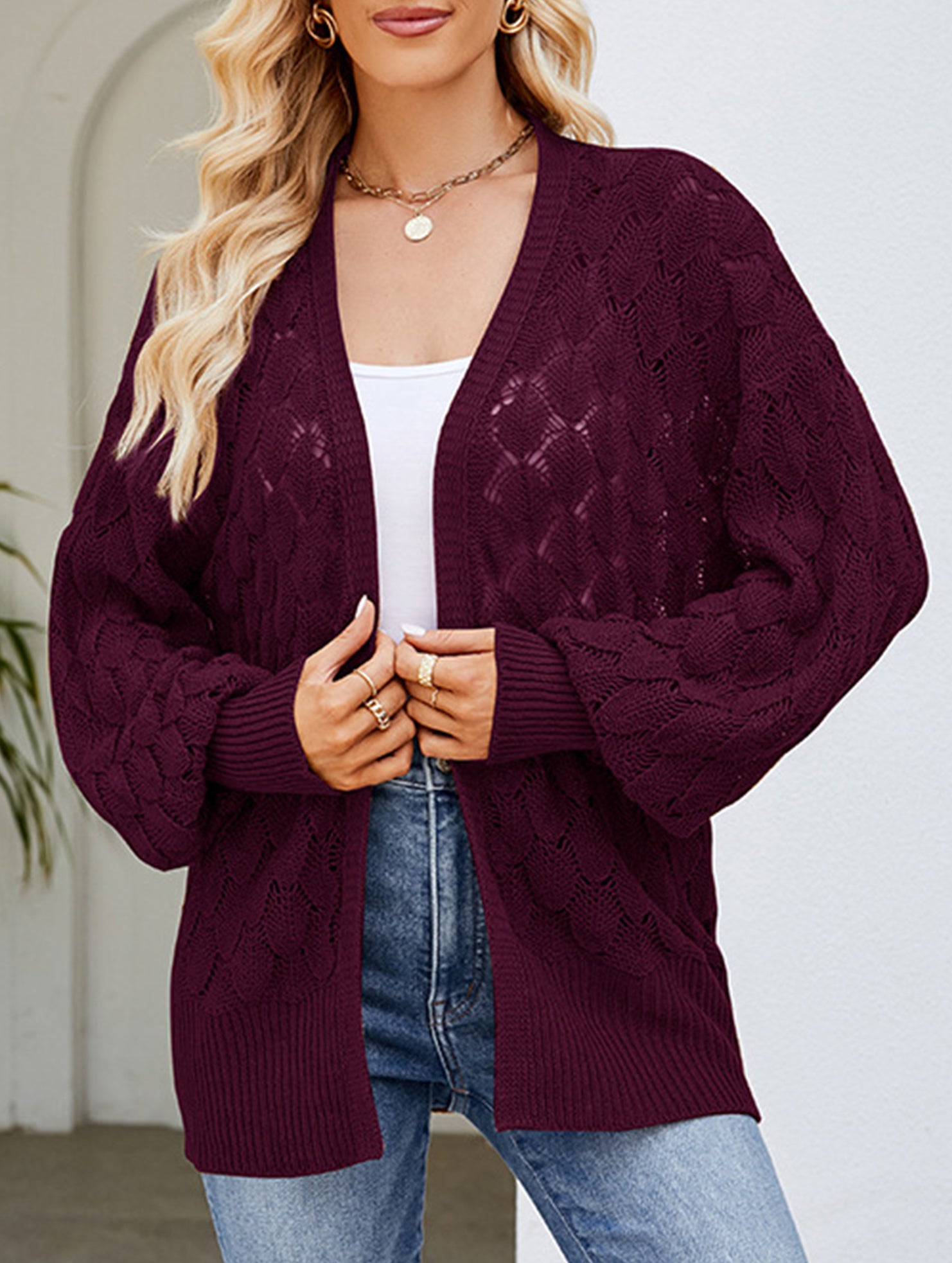 Mid-length openwork knit cardigan