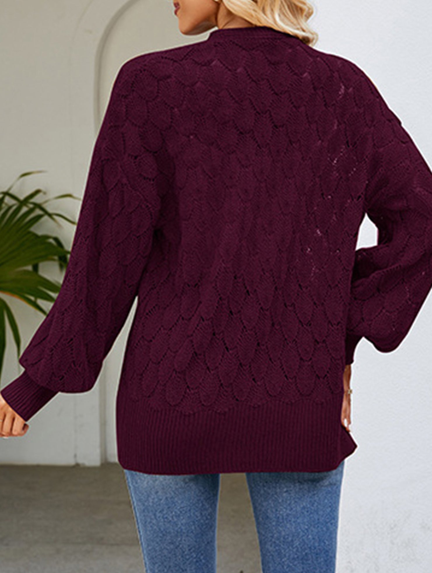 Mid-length openwork knit cardigan