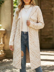 Striped hooded plaid knit cardigan