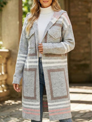 Striped hooded plaid knit cardigan