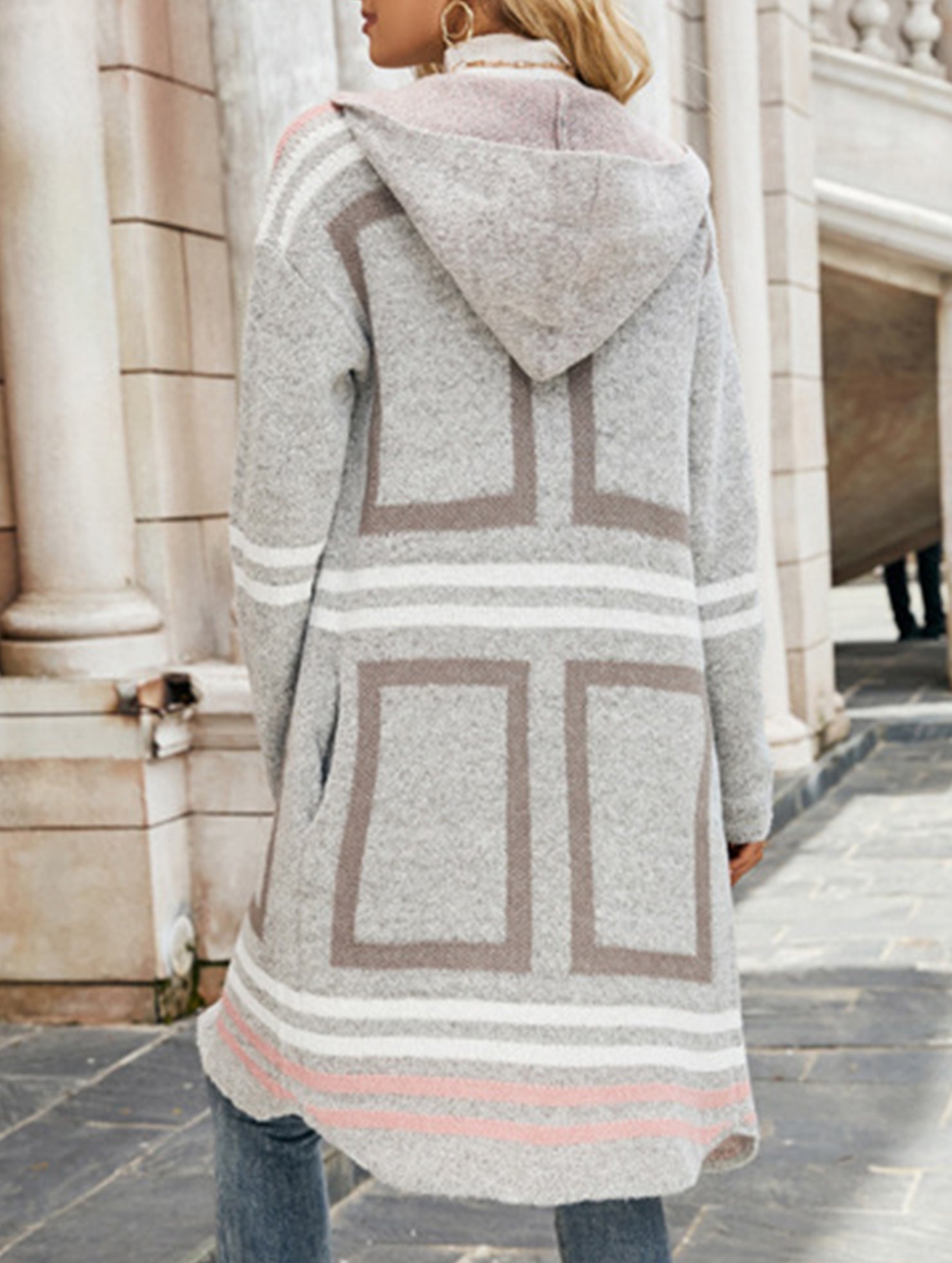 Striped hooded plaid knit cardigan