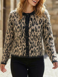 Retro round neck brown leopard print knit cardigan