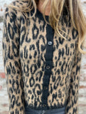 Retro round neck brown leopard print knit cardigan