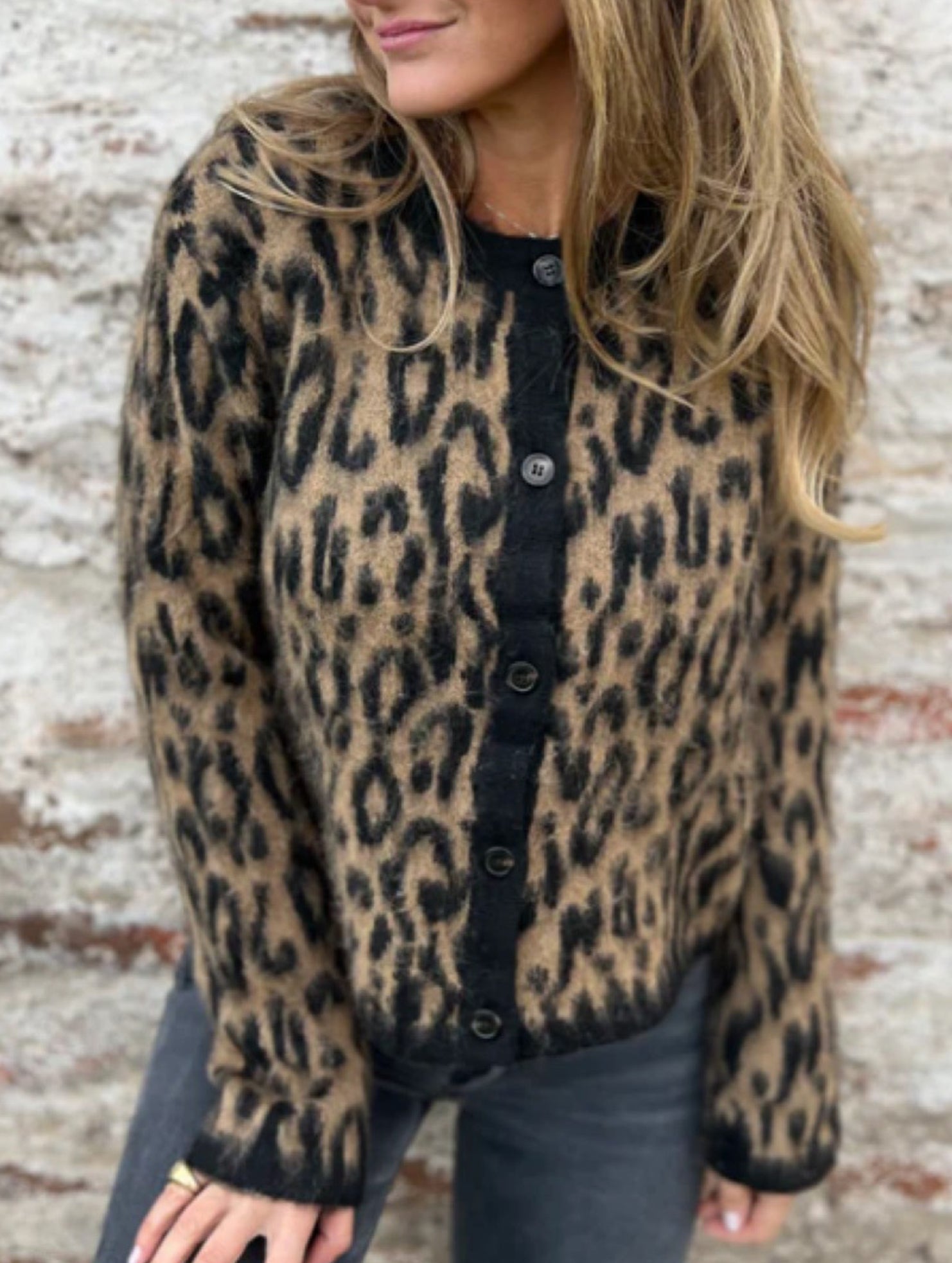 Retro round neck brown leopard print knit cardigan