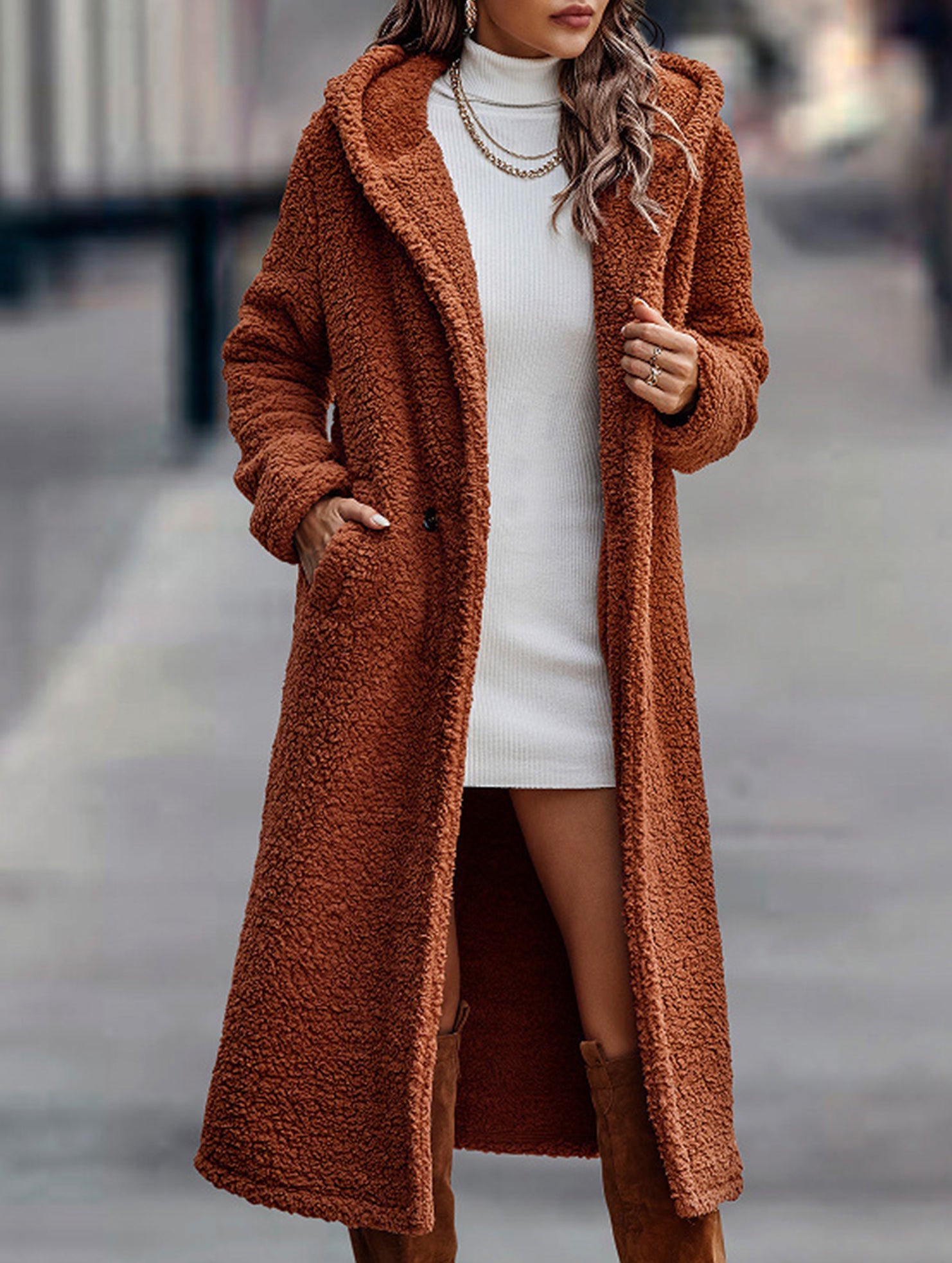 Stylish long solid color long-sleeved hooded jacket