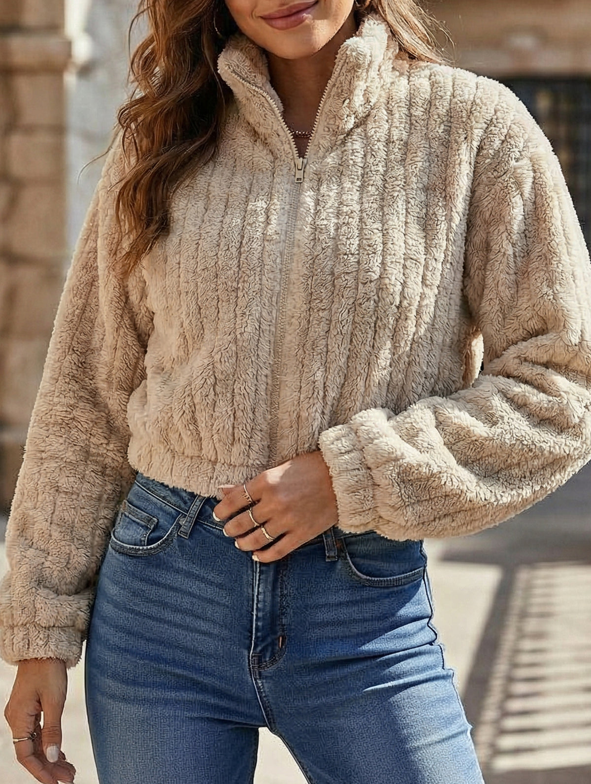 Casual stand-up collar zip-up short jacket