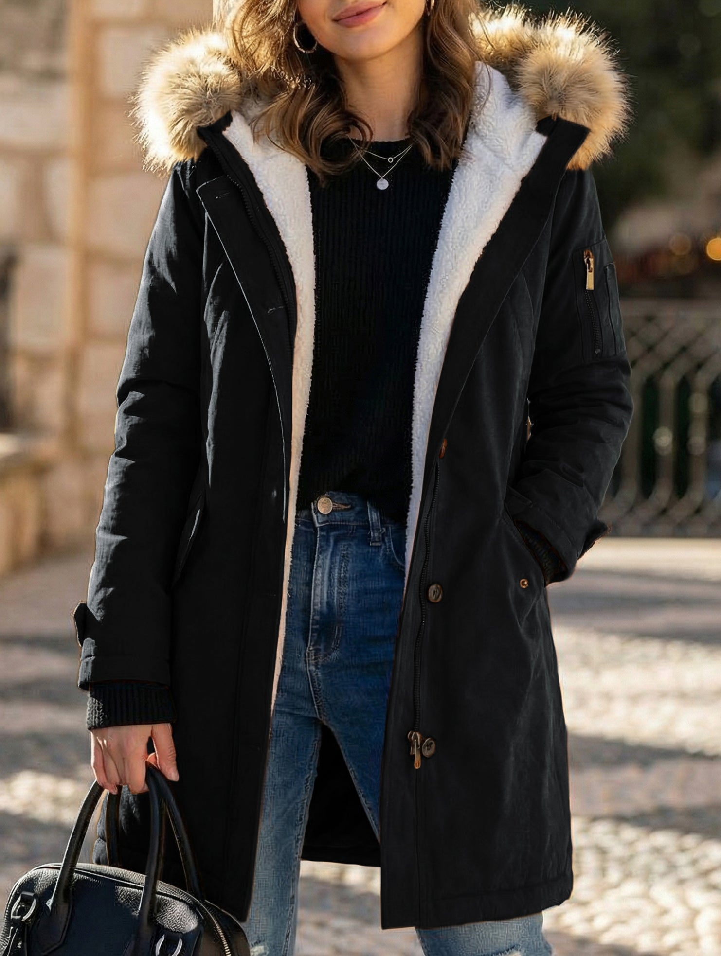 Long hooded women's coat with fur collar