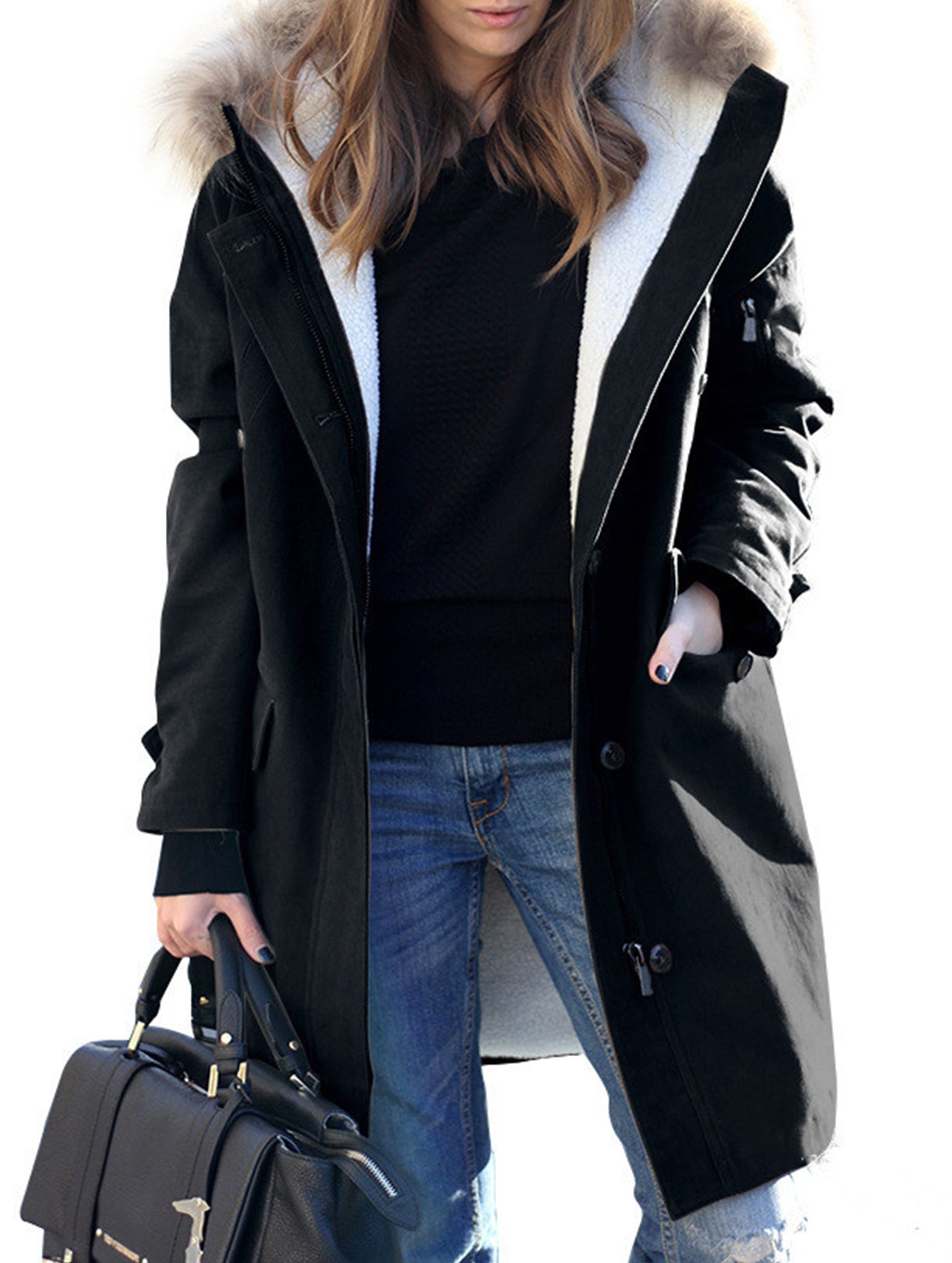 Long hooded women's coat with fur collar