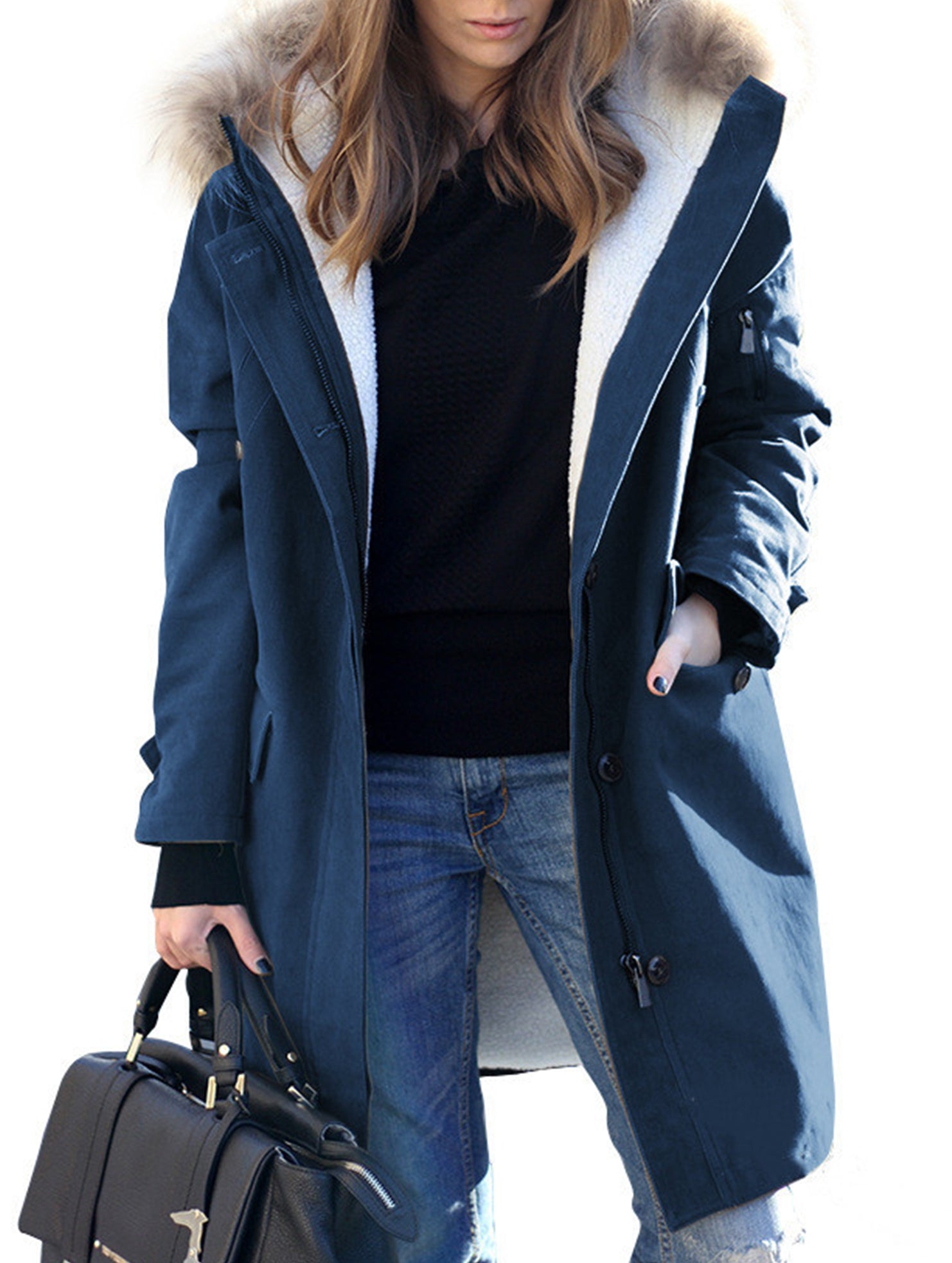 Long hooded women's coat with fur collar