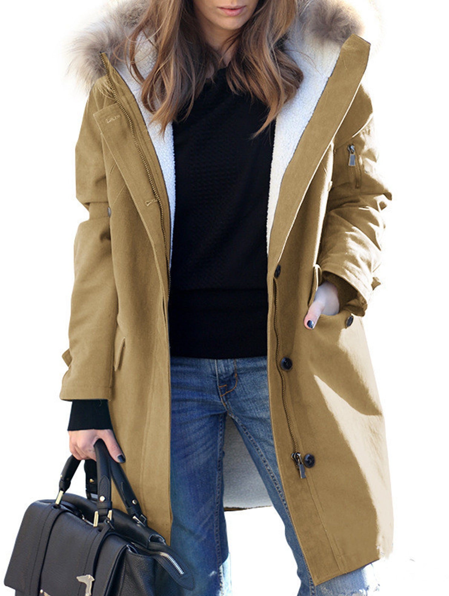 Long hooded women's coat with fur collar