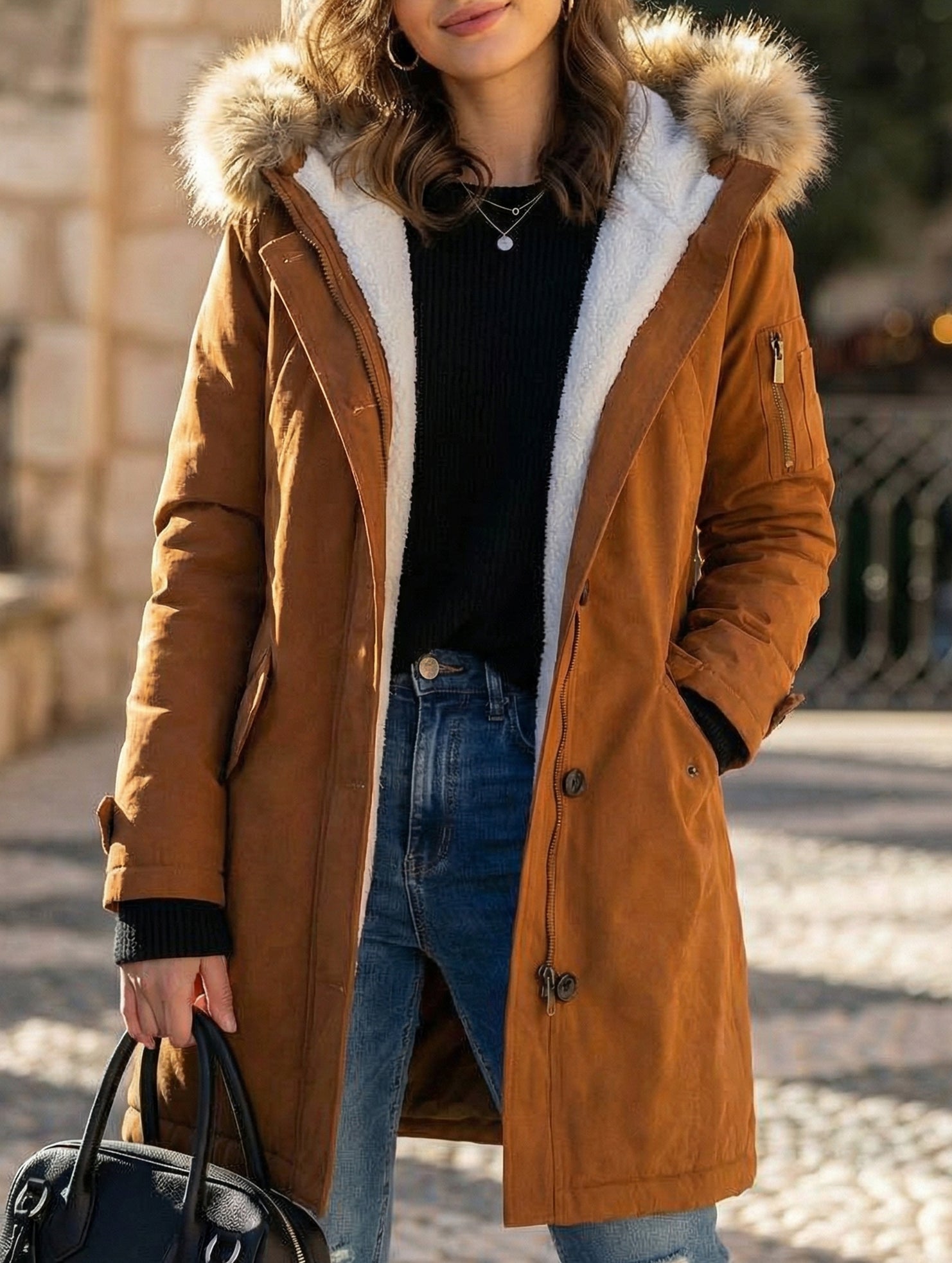 Long hooded women's coat with fur collar
