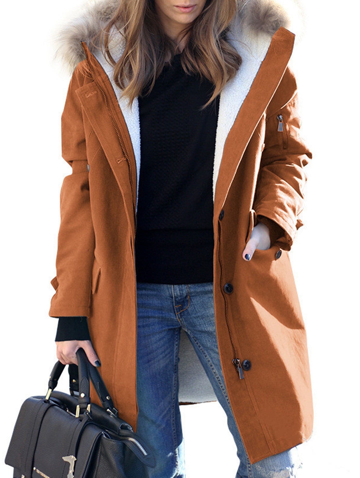 Long hooded women's coat with fur collar