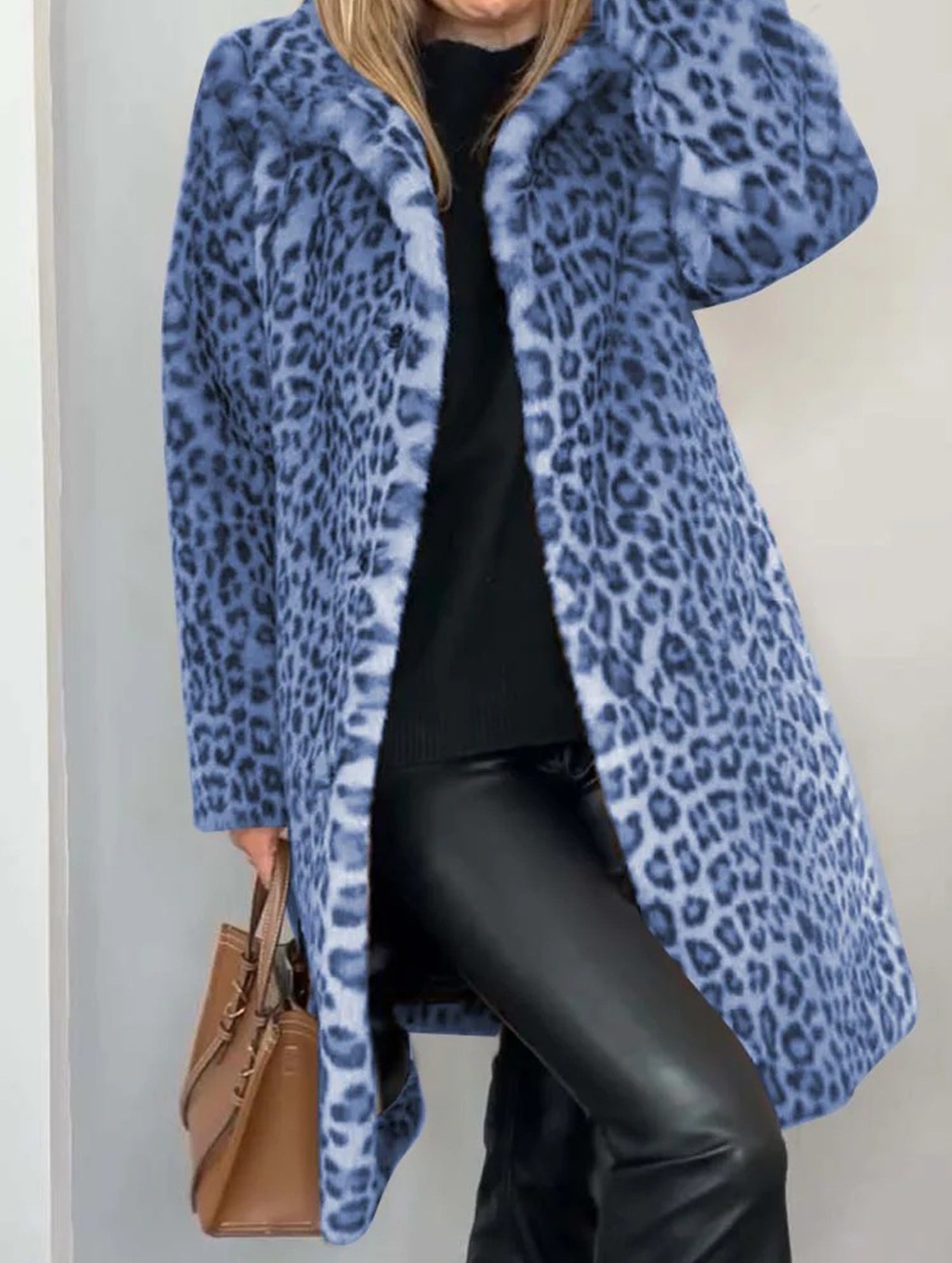 Stylish leopard print plush mid-length coat