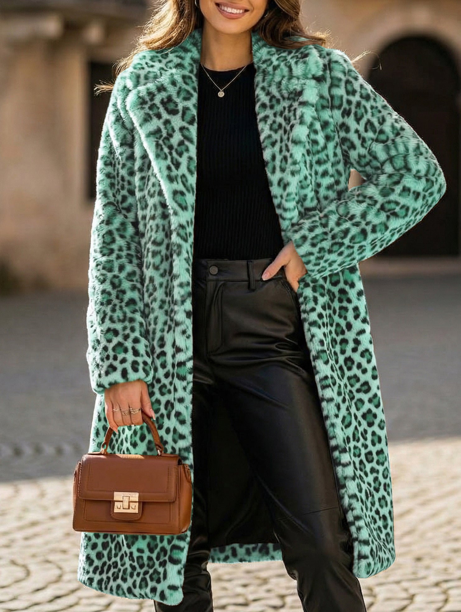 Stylish leopard print plush mid-length coat