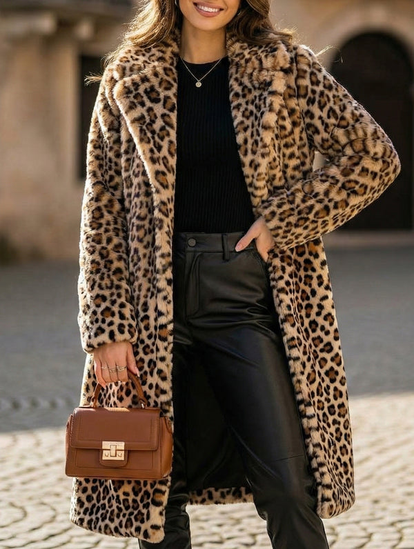 Stylish leopard print plush mid-length coat  - KHAKI