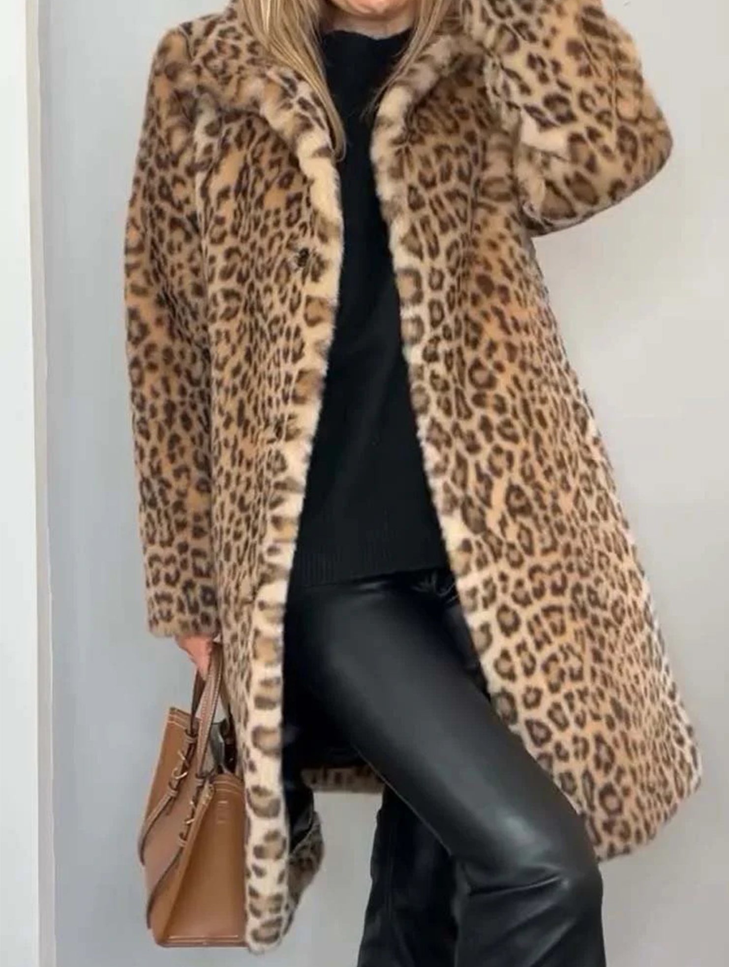 Stylish leopard print plush mid-length coat