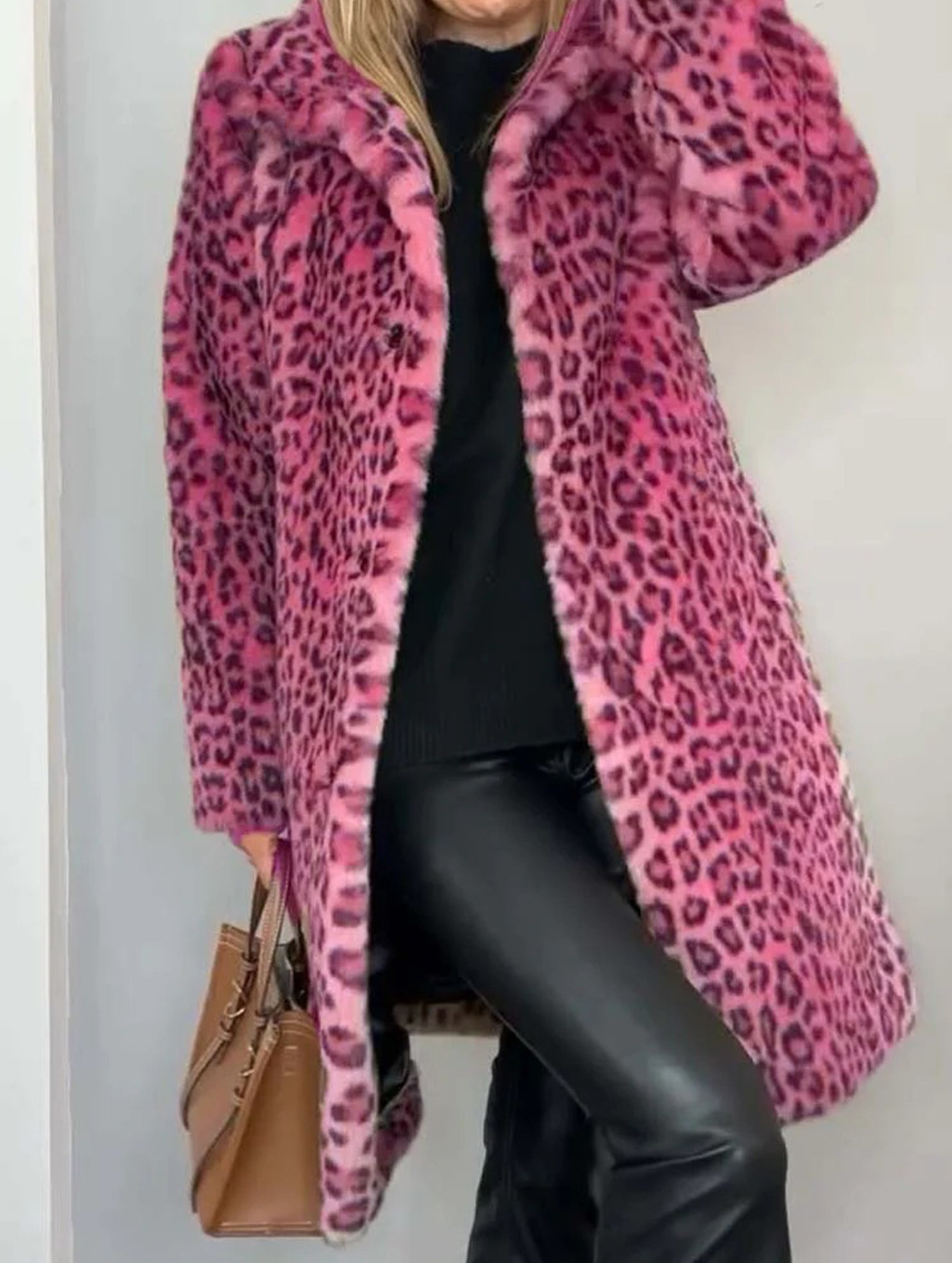 Stylish leopard print plush mid-length coat