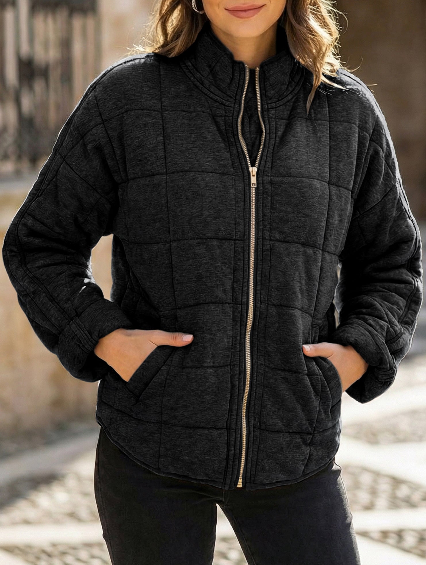 Loose-fitting long-sleeved stand-up collar jacket