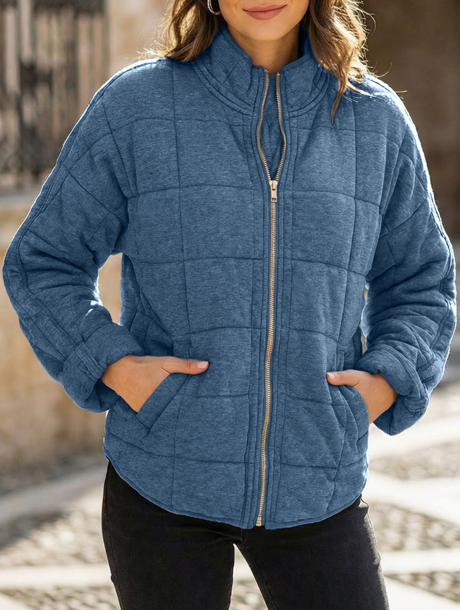 Loose-fitting long-sleeved stand-up collar jacket