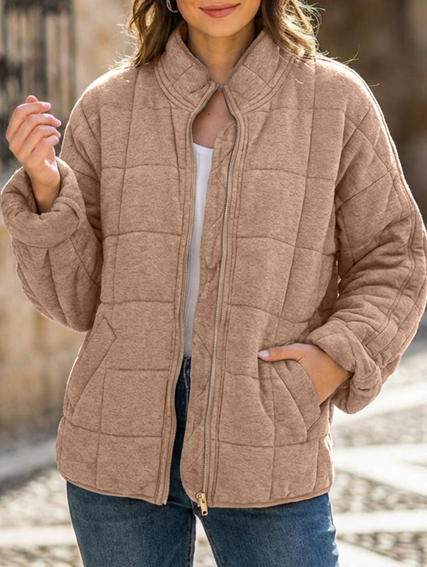 Loose-fitting long-sleeved stand-up collar jacket