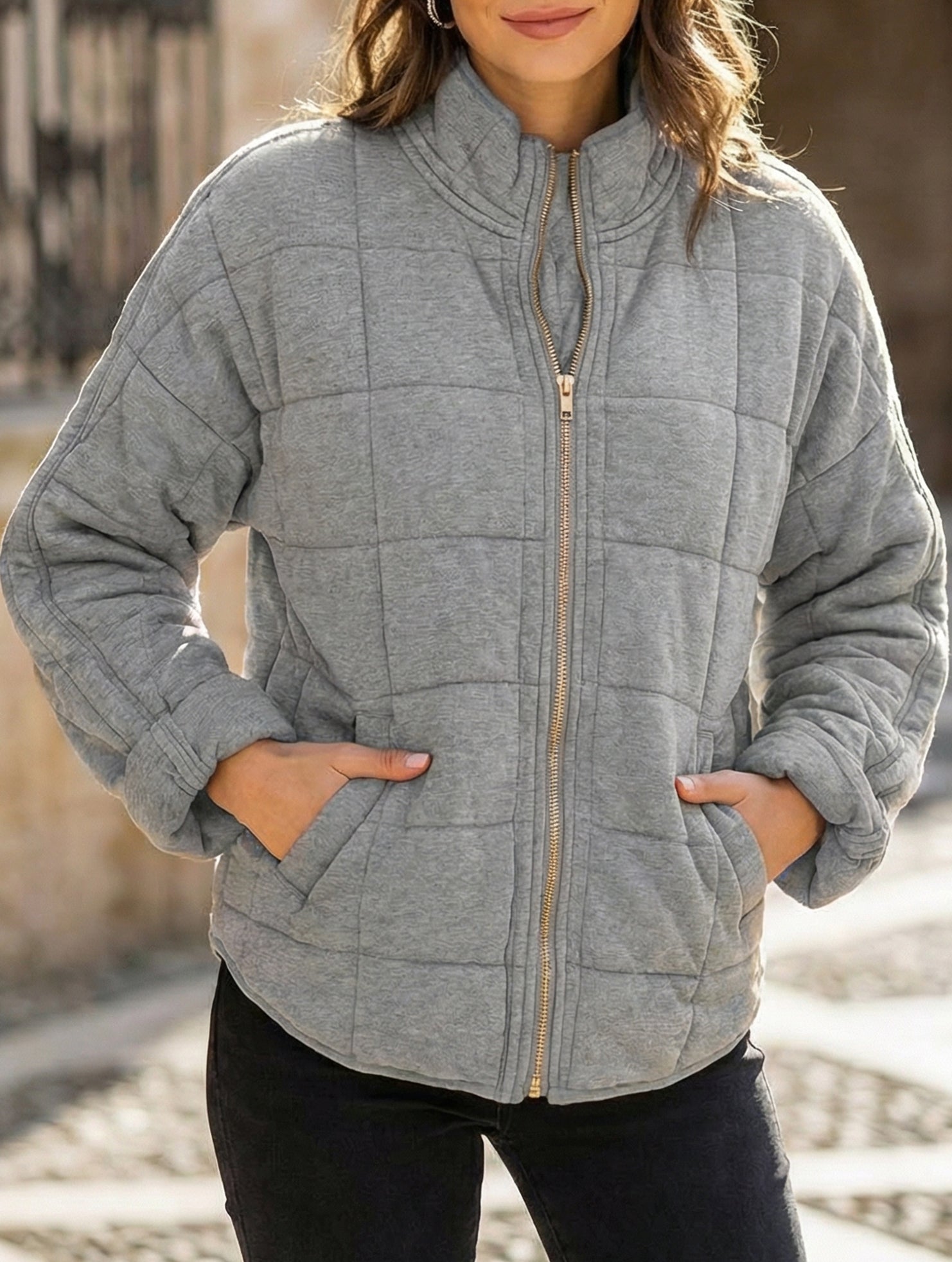 Loose-fitting long-sleeved stand-up collar jacket