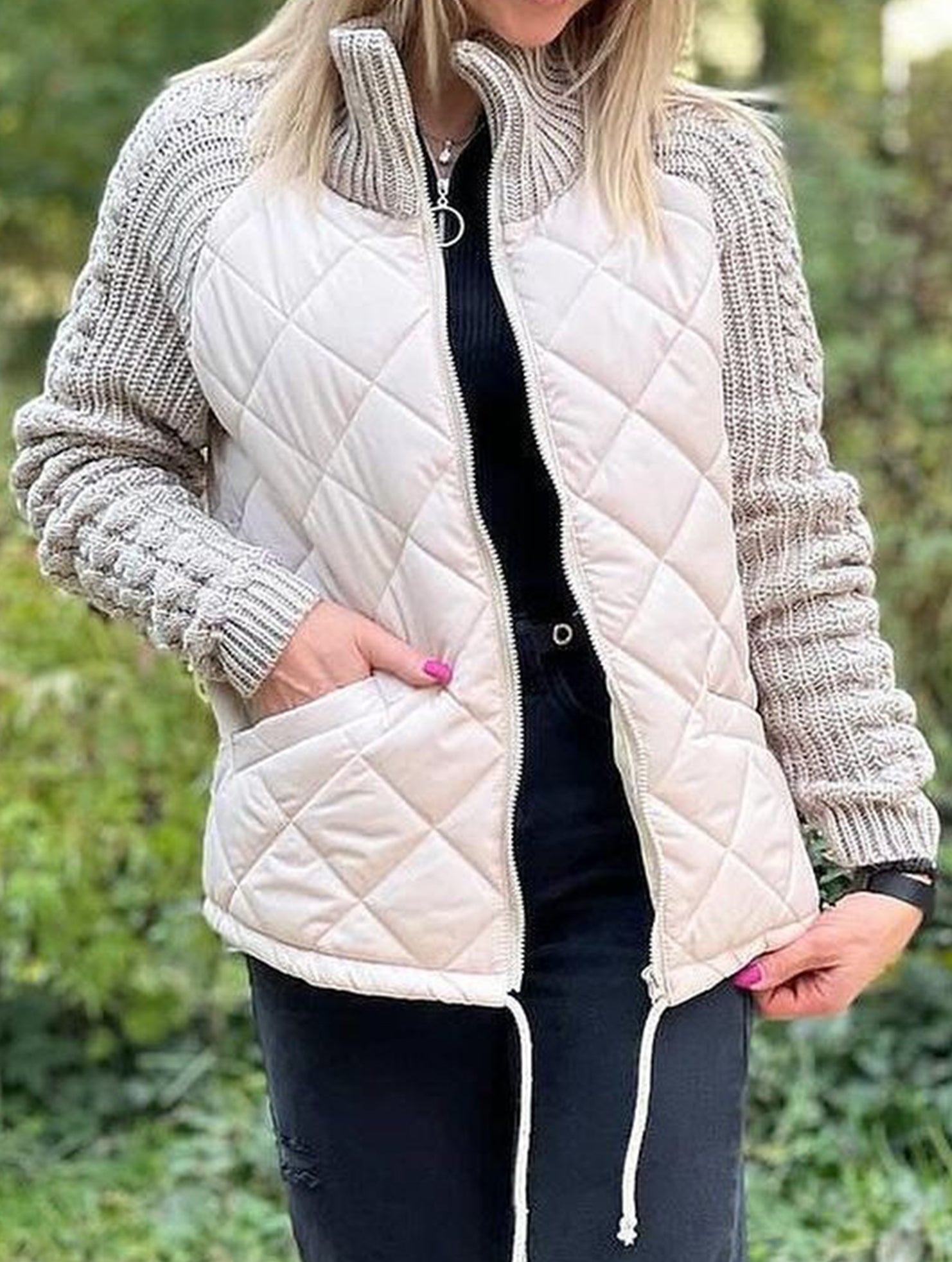 Patchwork Zipper Long-Sleeved Cardigan