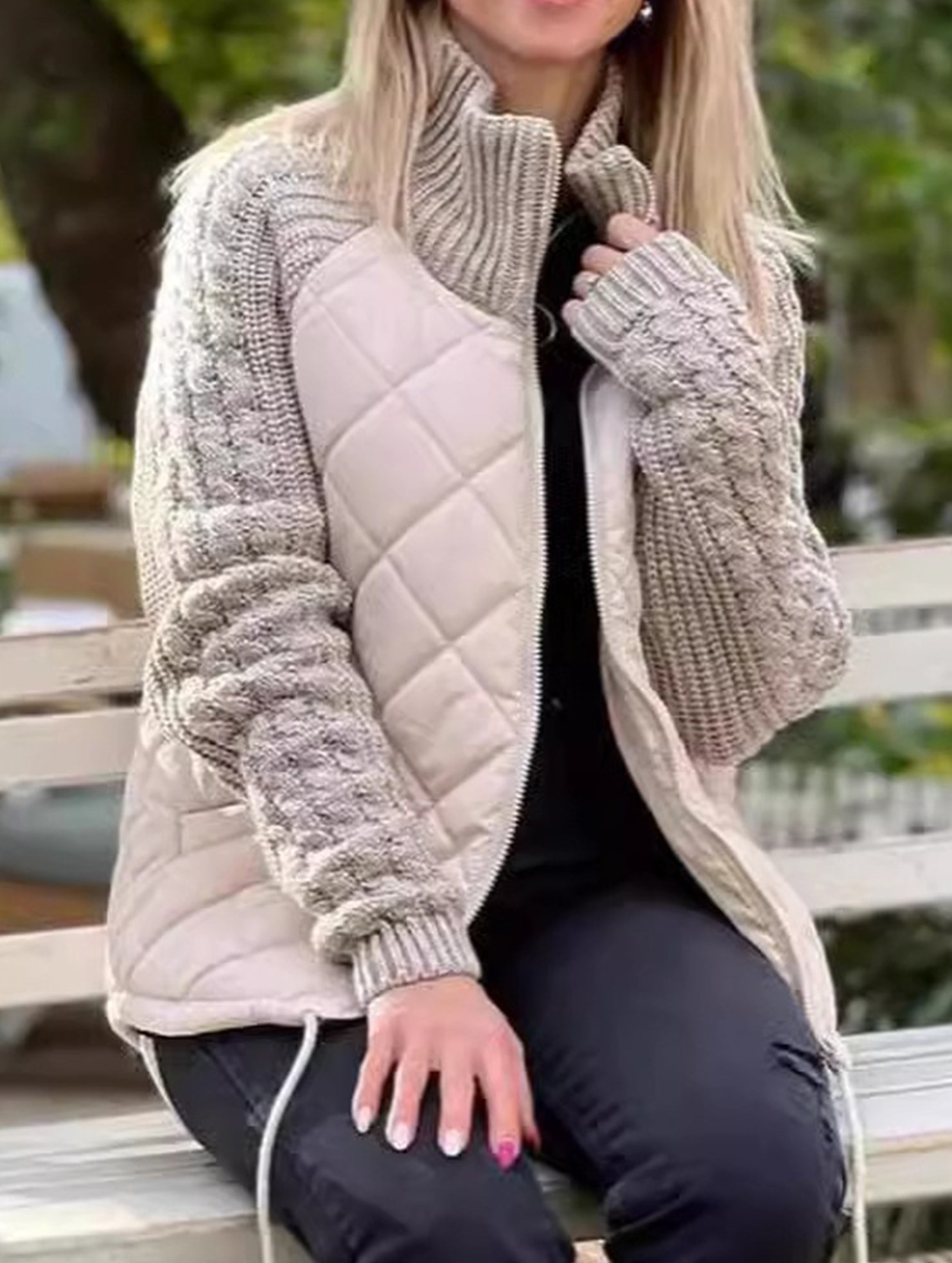 Patchwork Zipper Long-Sleeved Cardigan