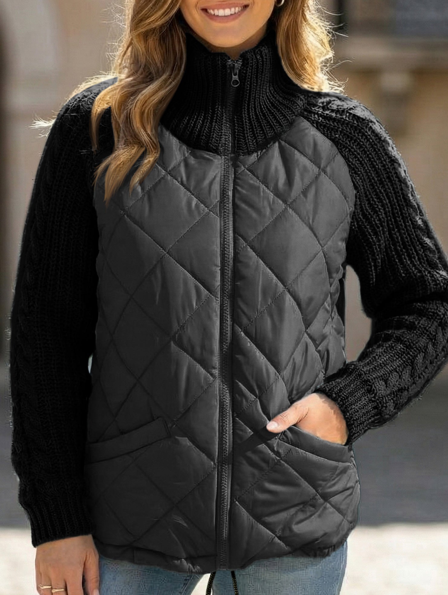 Patchwork Zipper Long-Sleeved Cardigan