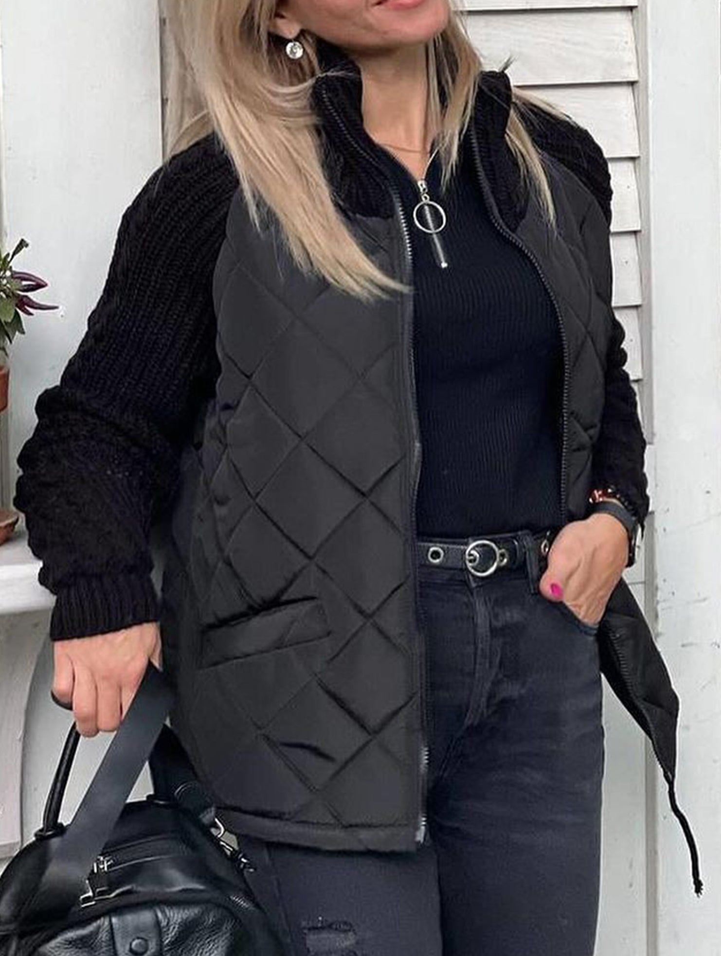 Patchwork Zipper Long-Sleeved Cardigan