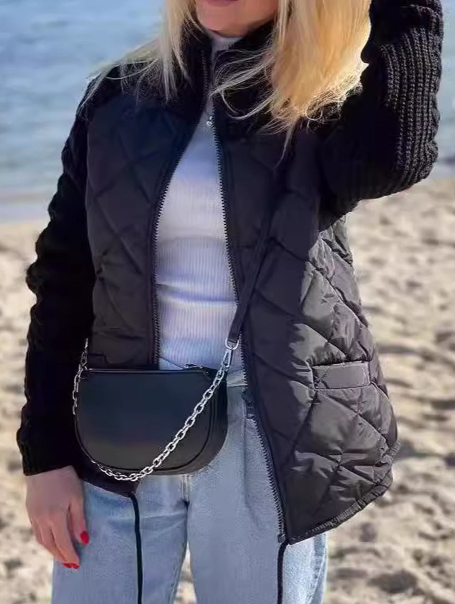 Patchwork Zipper Long-Sleeved Cardigan