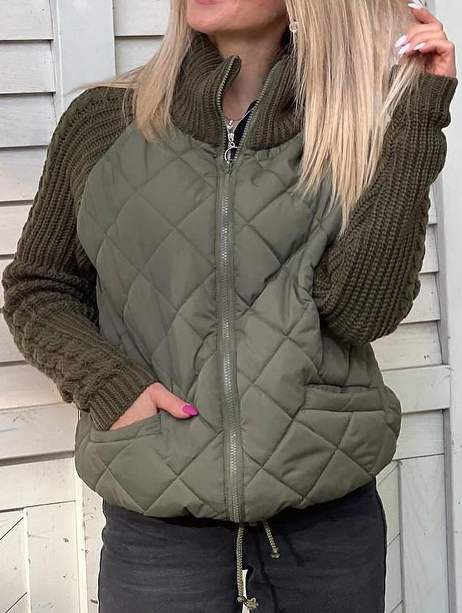 Patchwork Zipper Long-Sleeved Cardigan