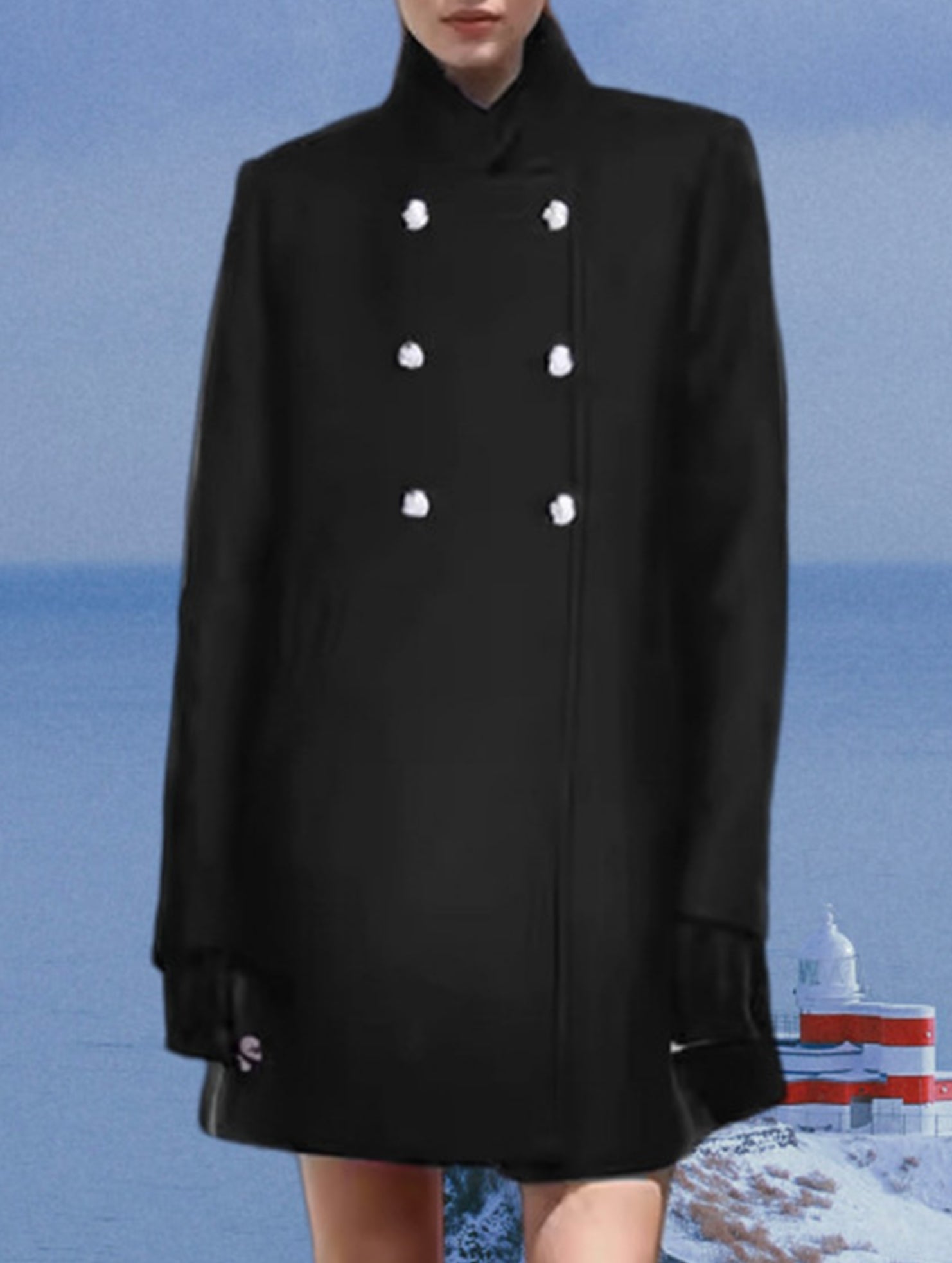 Solid color slim fit mid-length stand collar coat