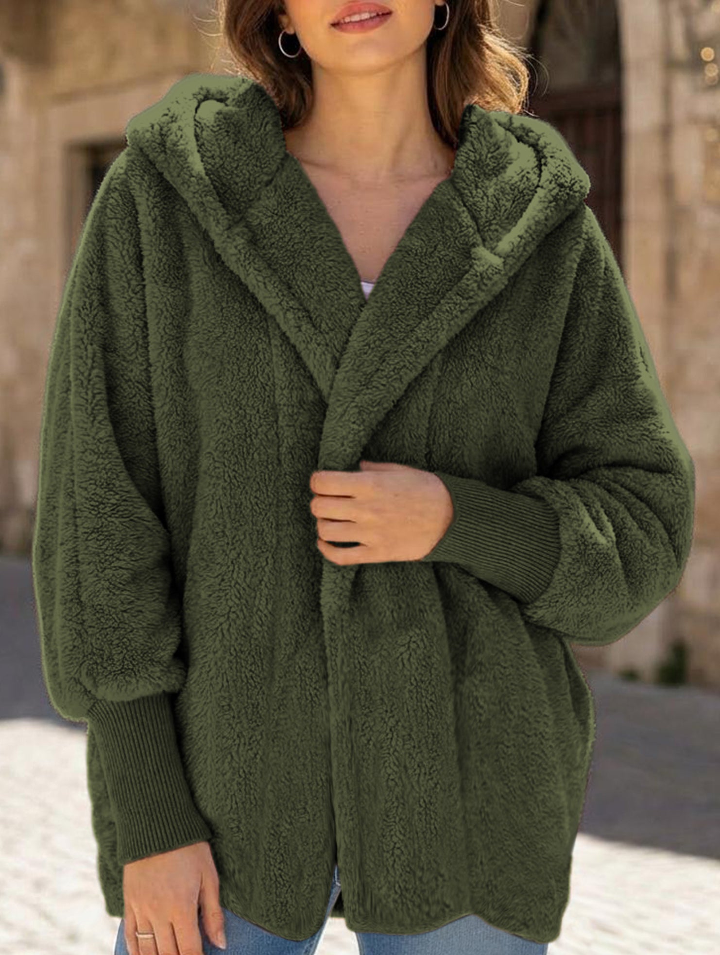 Loose-fitting solid color long-sleeved hooded jacket