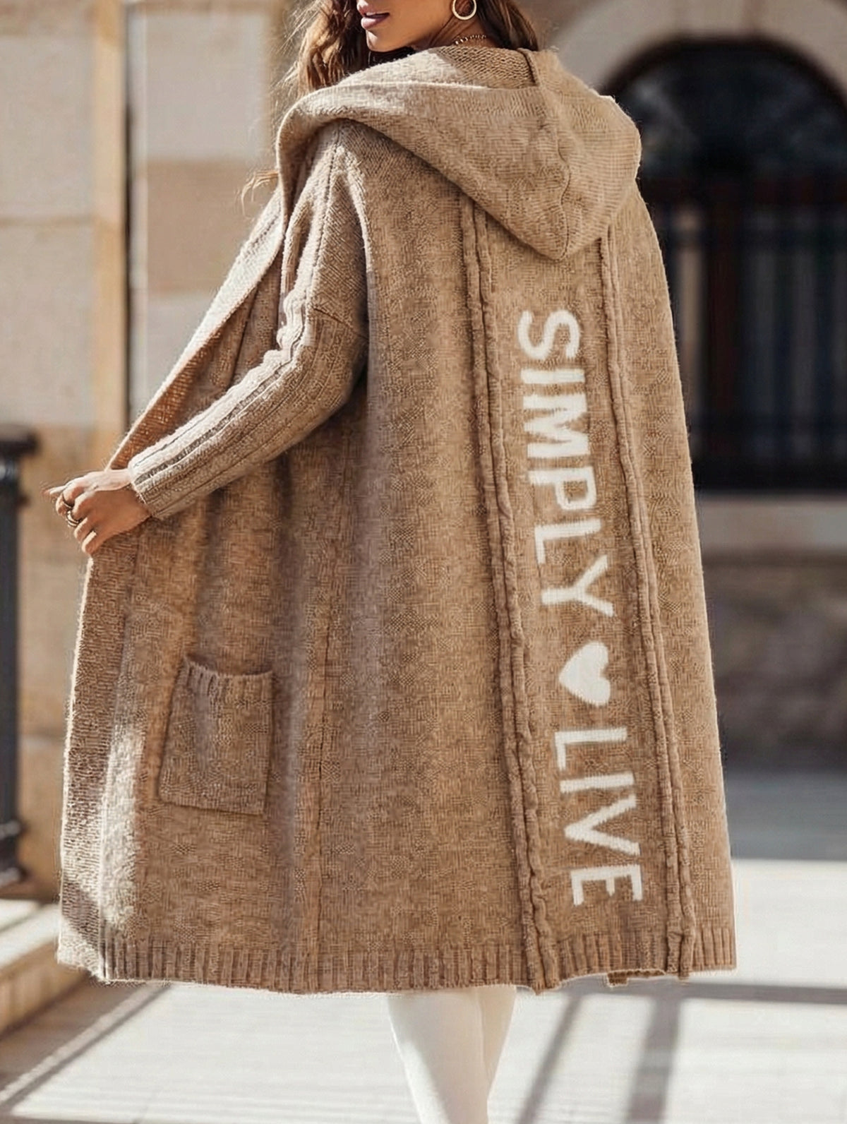 Collared hooded loose knit cardigan